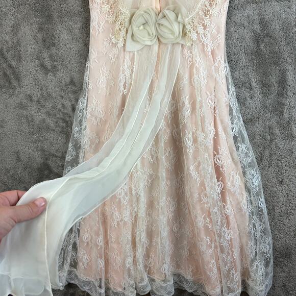 Vintage 80s Pink Peach Lace Dress Victorian Frilly Rosette Coquette Cottage Prom - Picture 9 of 15